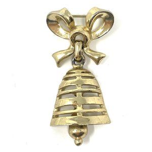 Vintage Gold Tone Bow with Moving Bell and Clapper Christmas Articulated Brooch